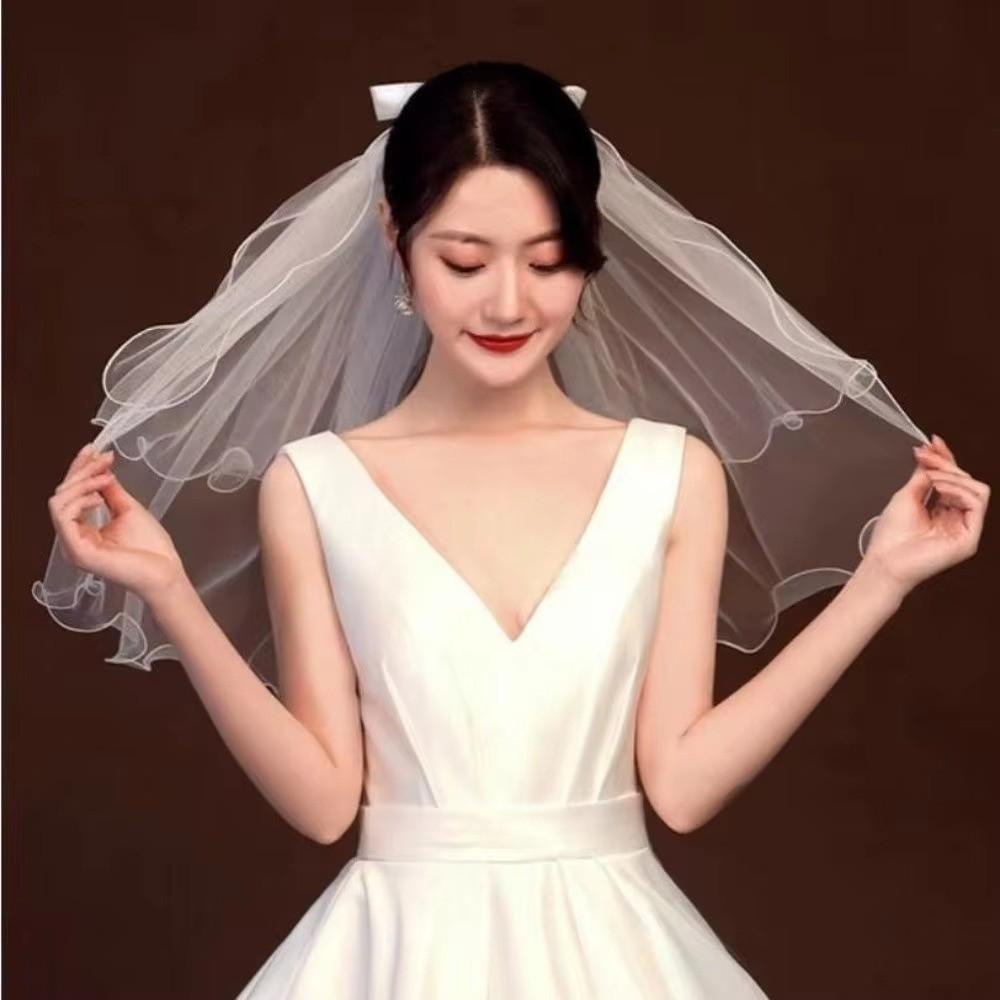 2PCS Elegant Double Layered Headband Bow Tied Wedding Gauze Head Covering Bride's Head Gauze  Party