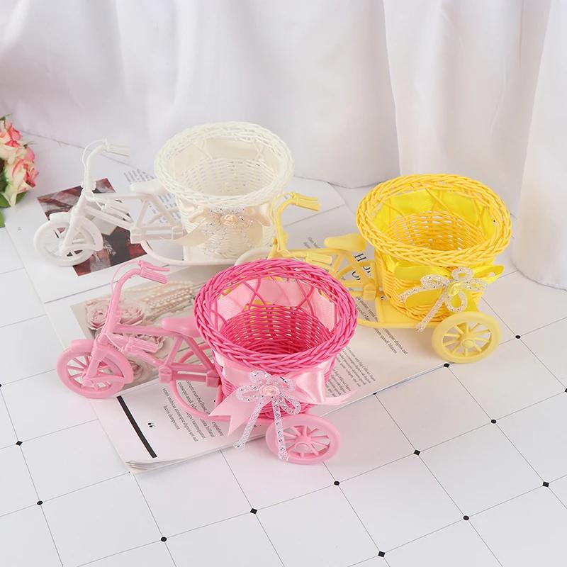 1PC Small Beautiful Plastic Tricycle Bicycle Flower Basket Vase Storage for Wedding Party Home Office Table Desk Decor White pot