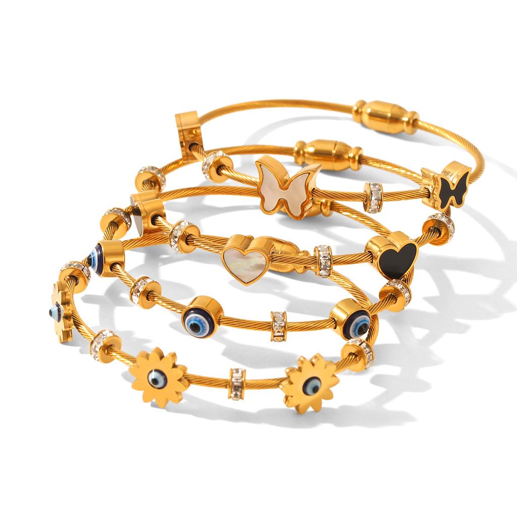 Evil Eye Bracelet for Women, Stainless Steel Gold-Plated Rhinestone Enamel Women's Charm Bracelet, Waterproof Jewelry