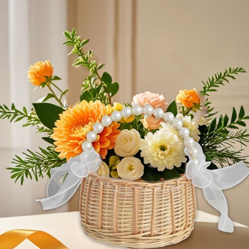Rattan Wedding Basket Braided With Pearls Trim Decorative Bowknot Florals Arrangement Basket Home Organization Supplies