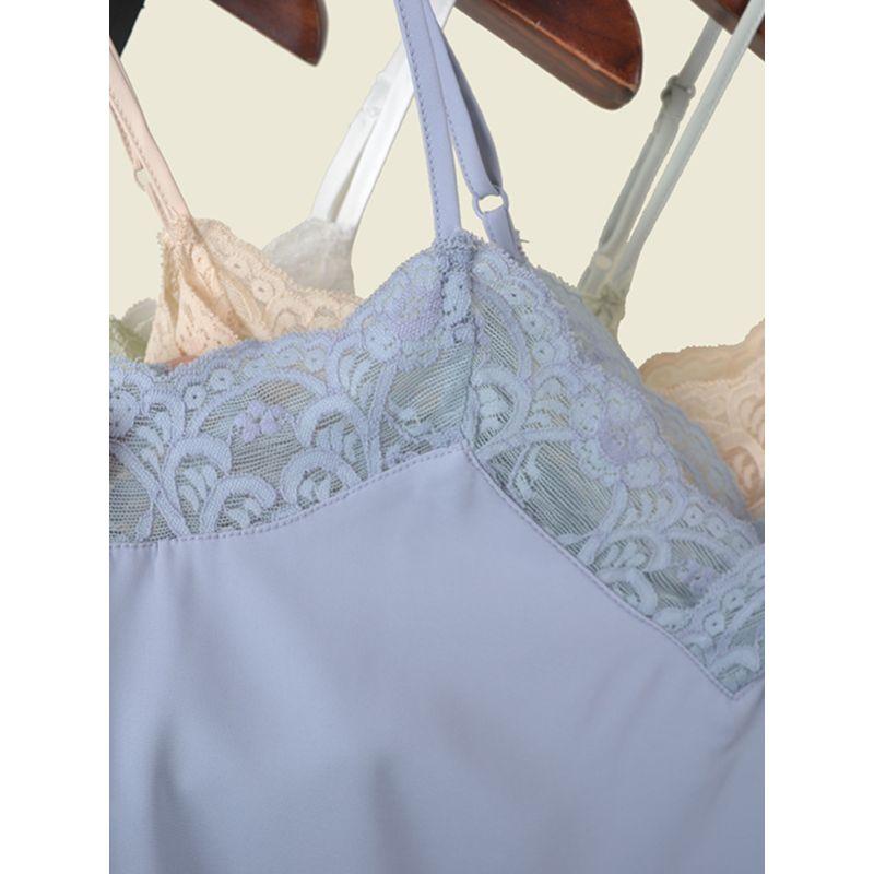 Silky Satin Lace Patchwork Camisole Summer Sexy Inner Wear Pure Color Mint Green V Neck Vest