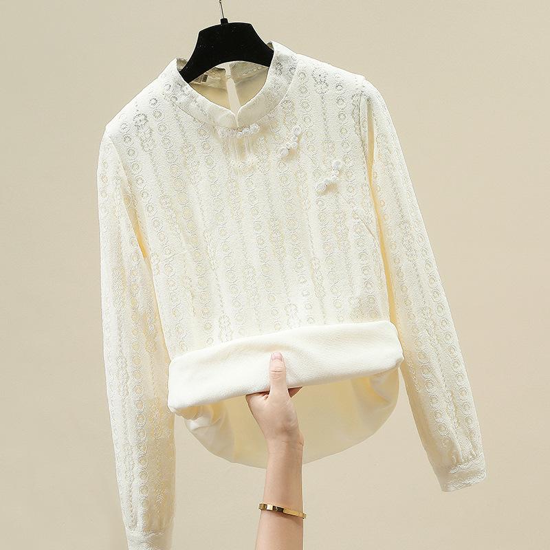 Chinese Style Plus Velvet Lace Base Blouse for Women Latest Chinese Stand-up Collar Button Top Chic Small Blouse
