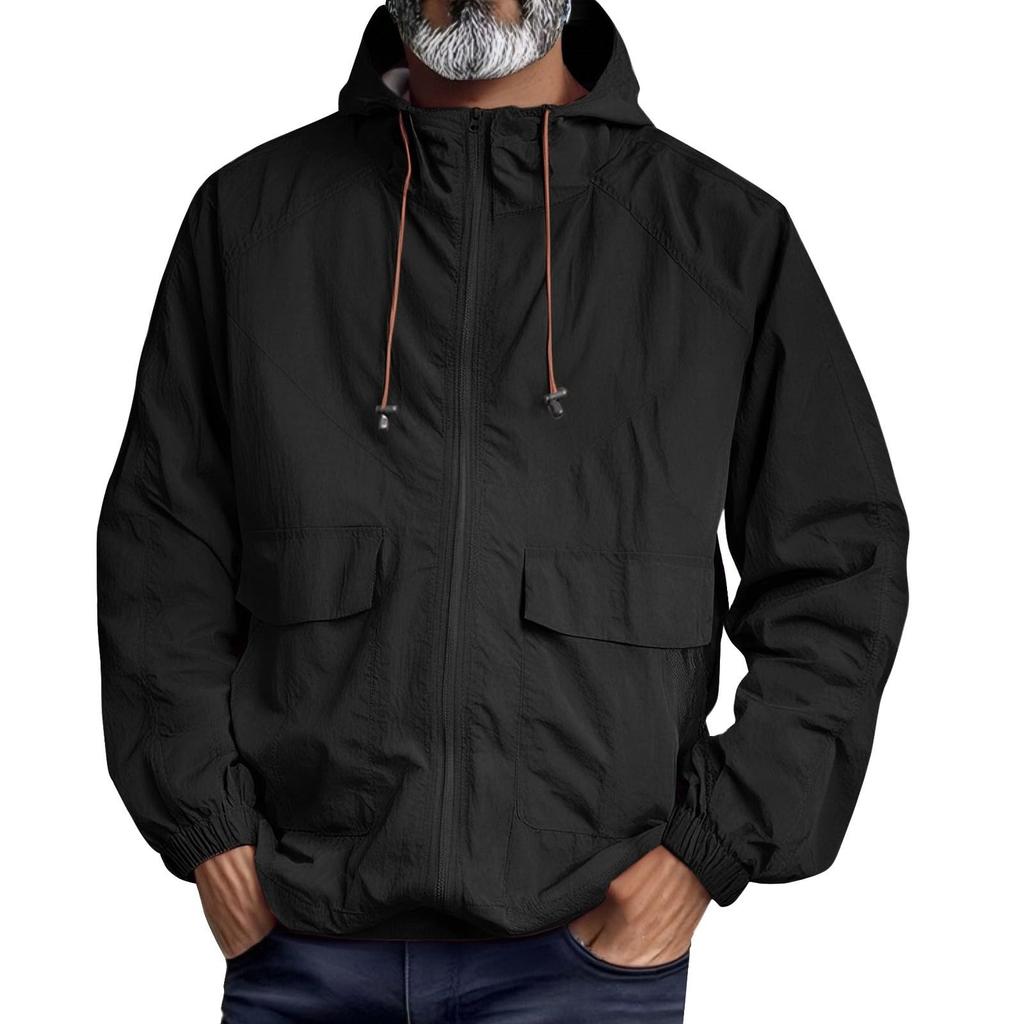 Men's Lightweight Hooded Windbreaker Jacket with Zipper Closure and Front Flap Pockets for Outdoor Activities
