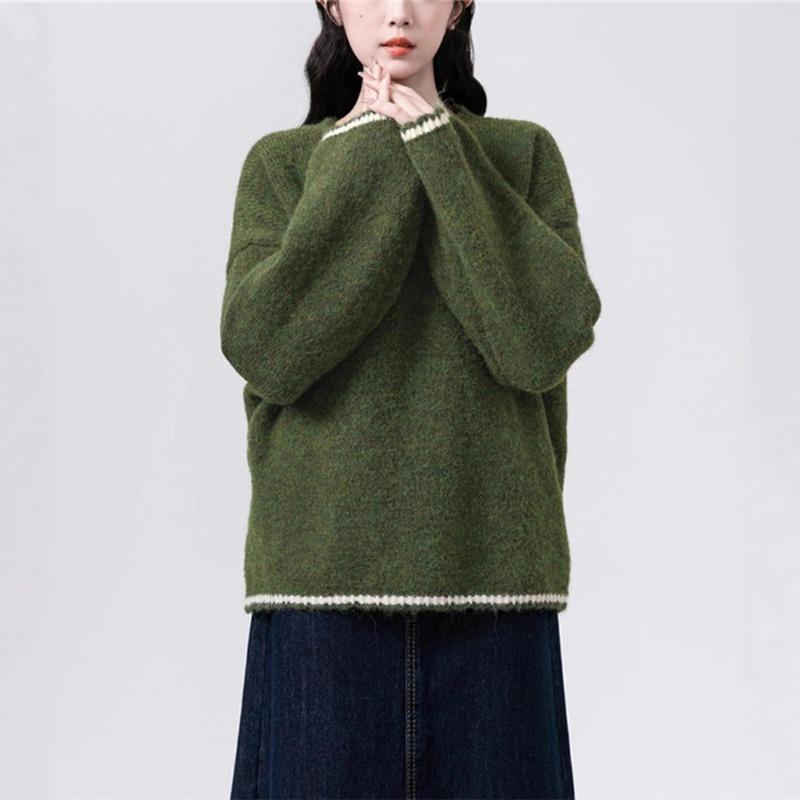 Retro Contrasting Color Crew Neck Sweater Women's Clothing Autumn and Winter New Loose and Lazy Wind Soft Waxy Thickened Pullover Knitted Sweater Top