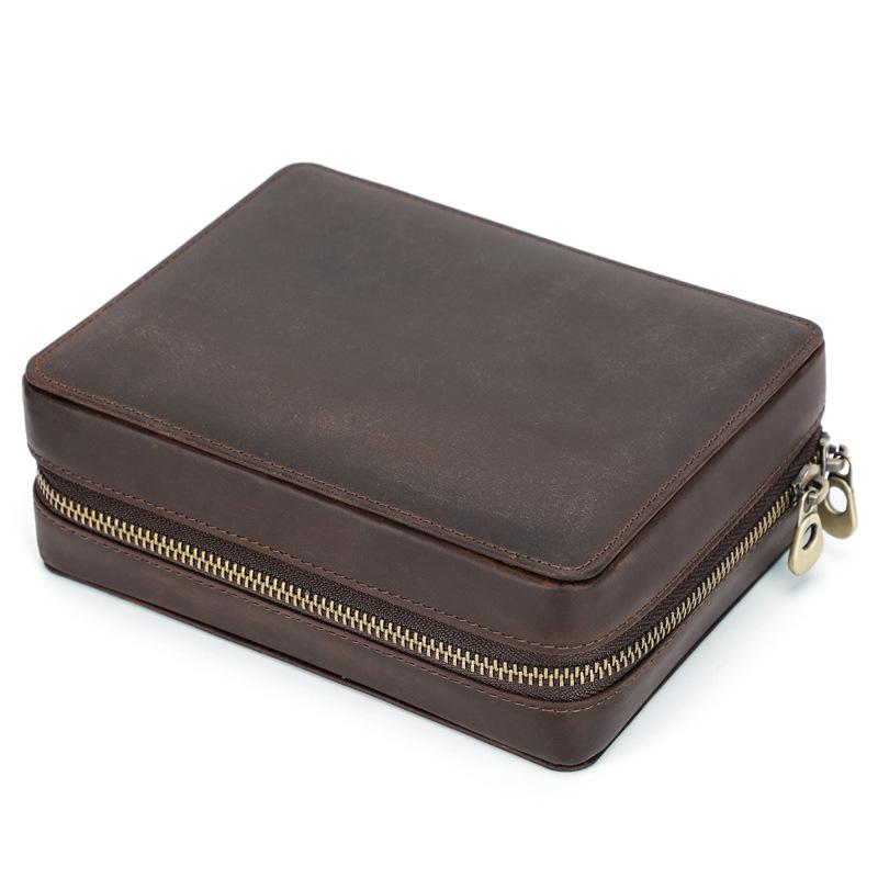 Genuine Leather 4 Slot Watch Box Display Case Storage Watch Organizer Zipper Travel Watch Collector Case with Card Holder Pocket