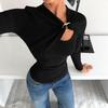 European-American Soft Asymmetrical Long Sleeve T-shirt with Hollow Metal Buckle for Women - Spring/Summer