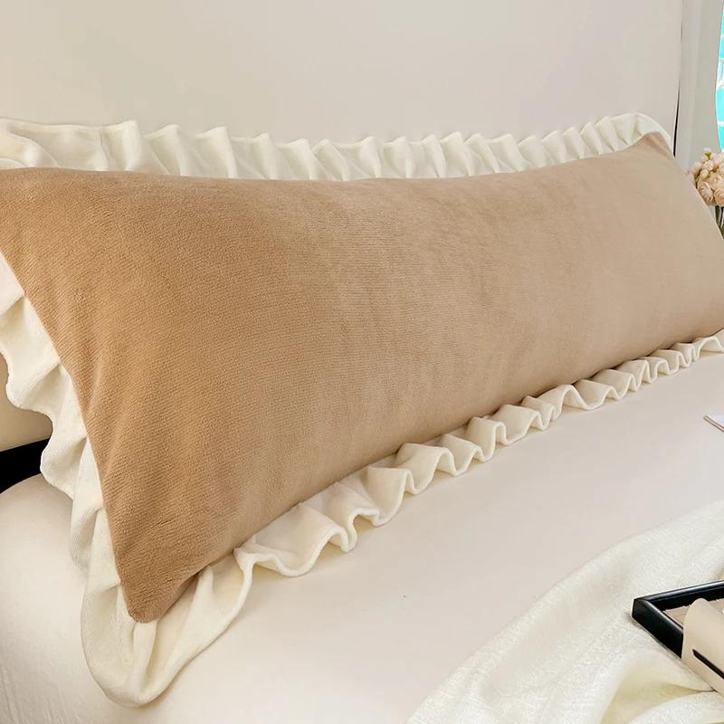 Lange Kissenhülle für Schlafkissen mit Rüsche Winter Paar Doppel-Fleece Flanell Wärme Große Größe Kissenbezüge Heim Bettwäsche 45*180cm 180x48cm(No Pillow)