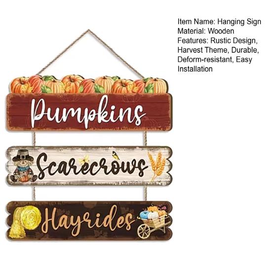 Rustic Pumpkin Door Sign Set, Wooden Scarecrow Wall Hanging Decor with Sunflower and Maple Leaf, Vintage Fall Harvest Welcome Plaque