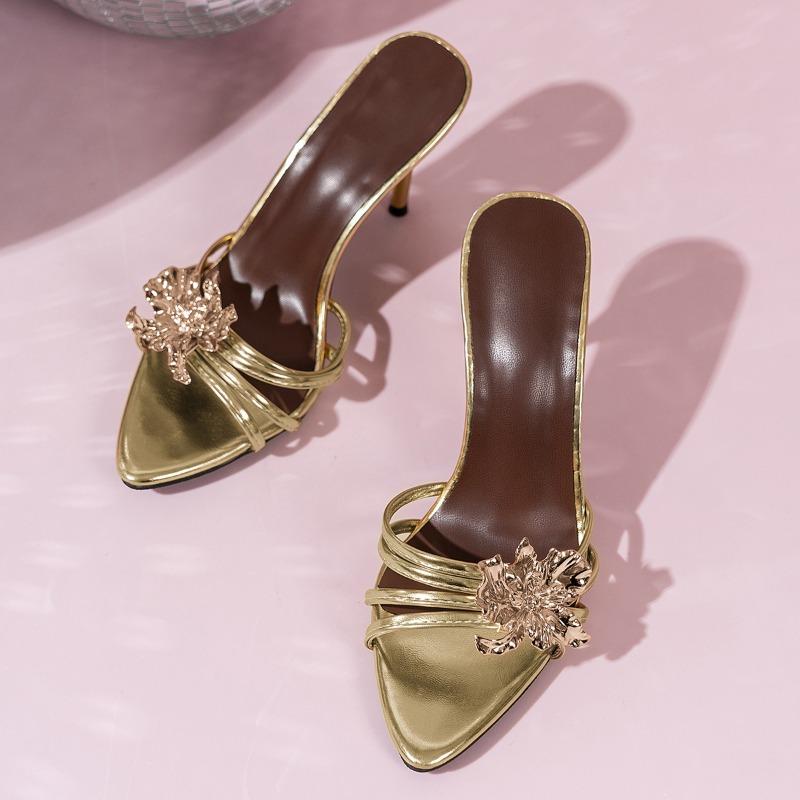 Summer new high-heeled cool slippers women's large-size stiletto one-word flower sexy pointed high-heeled women's shoes