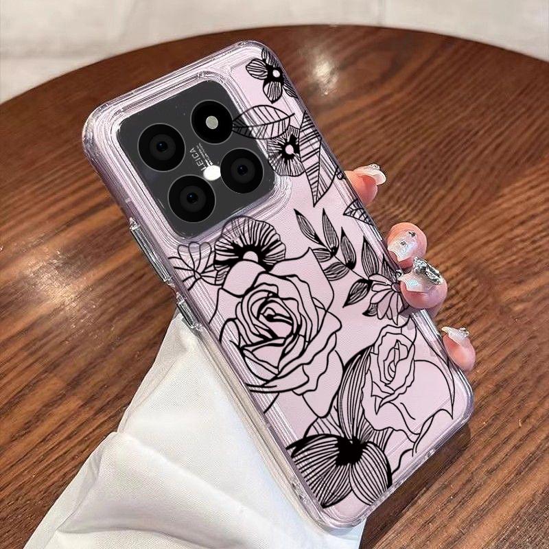 Black Line Floral Pattern Case For Xiaomi Redmi Note 15 Pro 4G Funda Redmi Note 14 13 Pro 5G Clear TPU Silicone Soft Cover