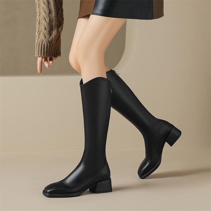 FOREADA Women Knee High Boots Square Toe Thick Mid Heels Long Boot Zipper Western Gogo Boots Lady Fashion Shoes Autumn Winter 43