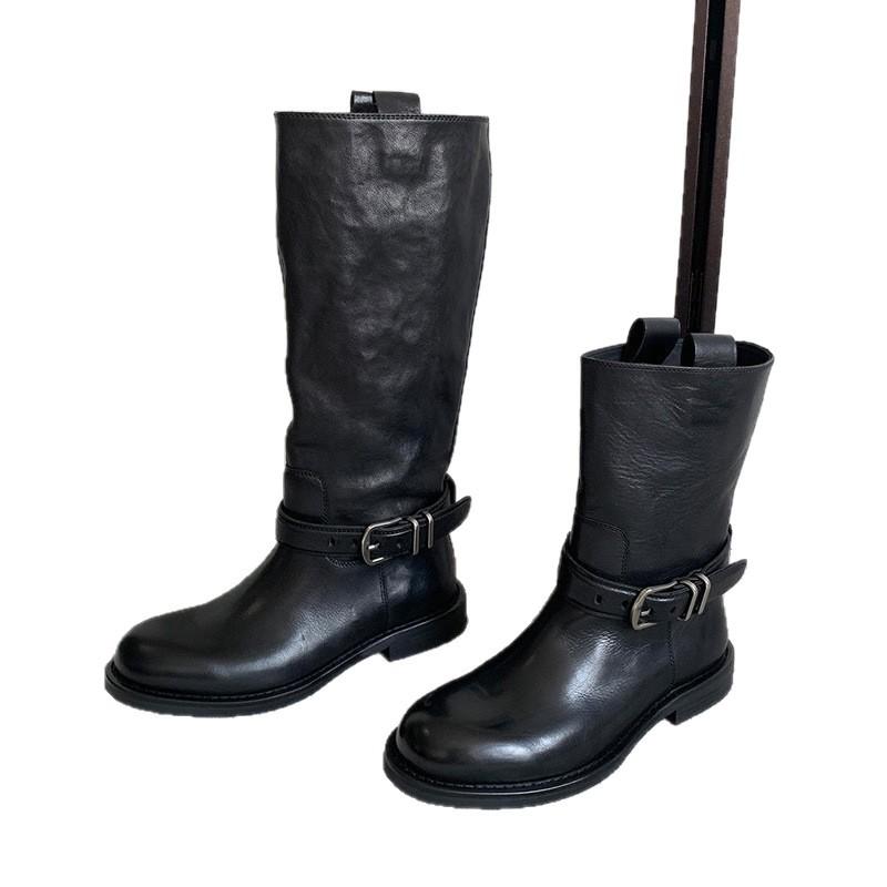 Washed cowhide version~ Retro slim straight knight boots women's boots belt buckle but knee thick-soled thick-heeled cigarette tube boots
