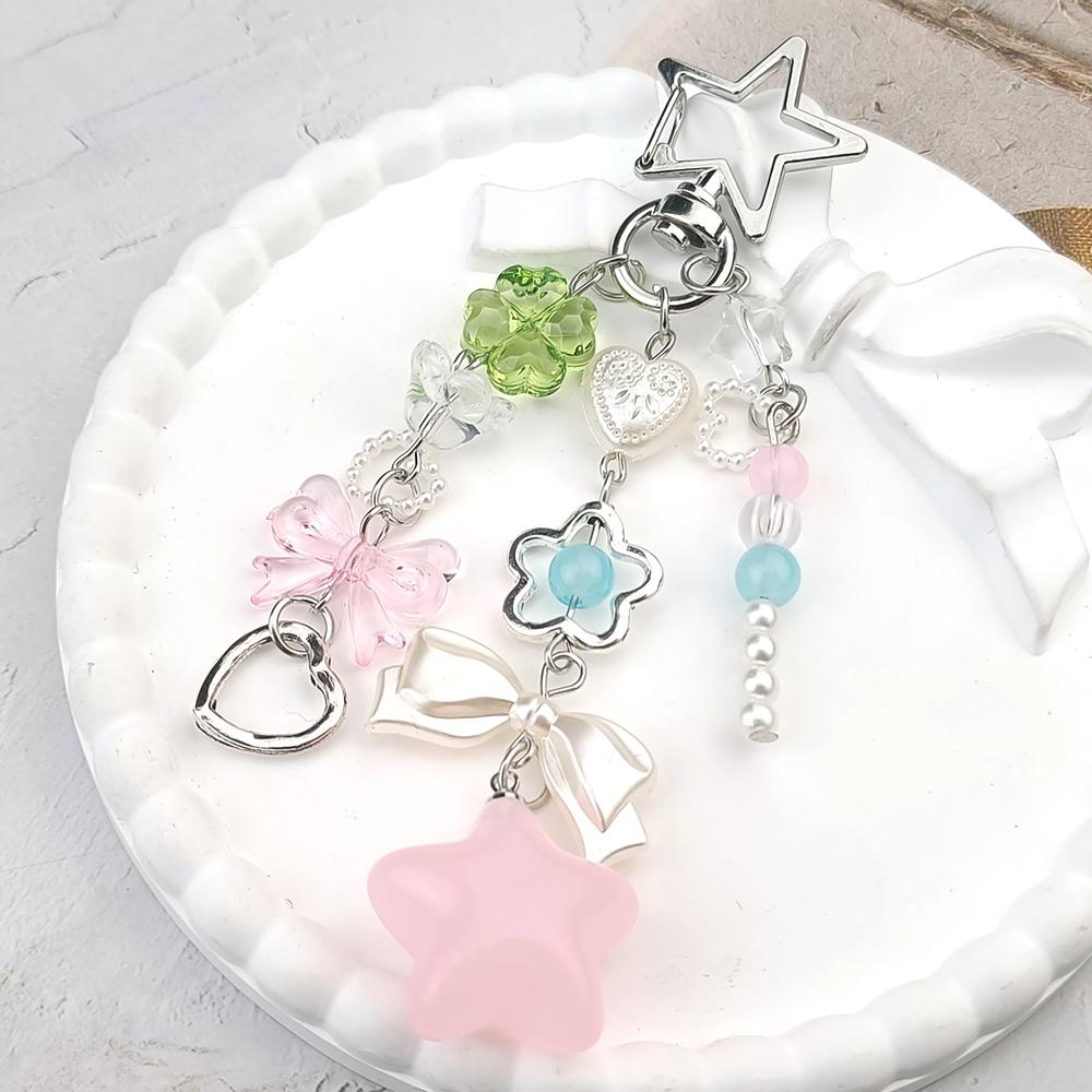 Sweet Pastel Bag Charm Hollow Star Clasp Pink Blue Beads Bow Transparent Star Cherry Blossom Pendant Cute Girl Handbag Decor
