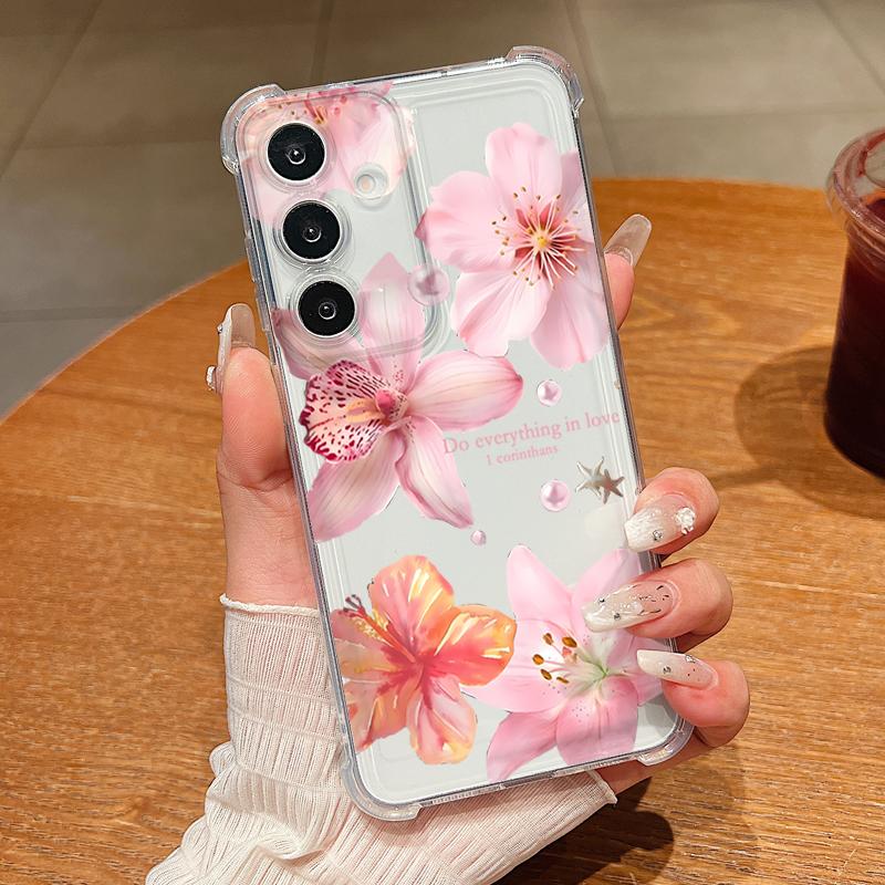 Clear Flower Patterned Phone Case For Samsung Galaxy S26 S25 S24 S23 Ultra S22 S26 Plus S21 S24 S25 FE Shockproof TPU Soft Cover