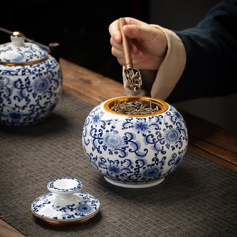 Blau-weiße Porzellan-Teedose Keramik-Tee-Organizer-Box Aufbewahrungsgläser Schreibtischdekoration Teeglas Kaffeebehälter Teedose