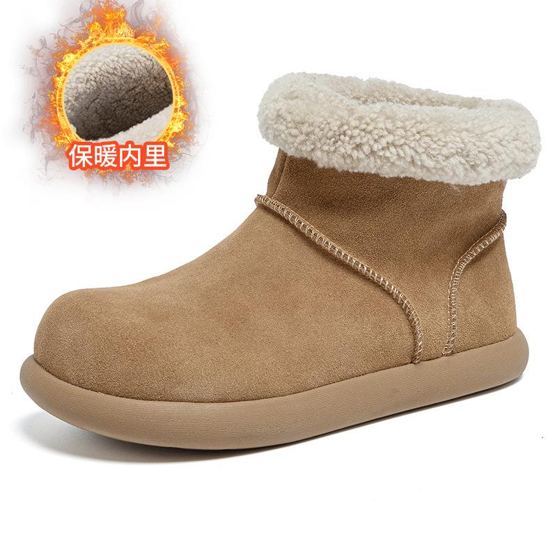 Small potato leather retro round head ugly cute short boots women's winter new velvet snow boots warm and thick