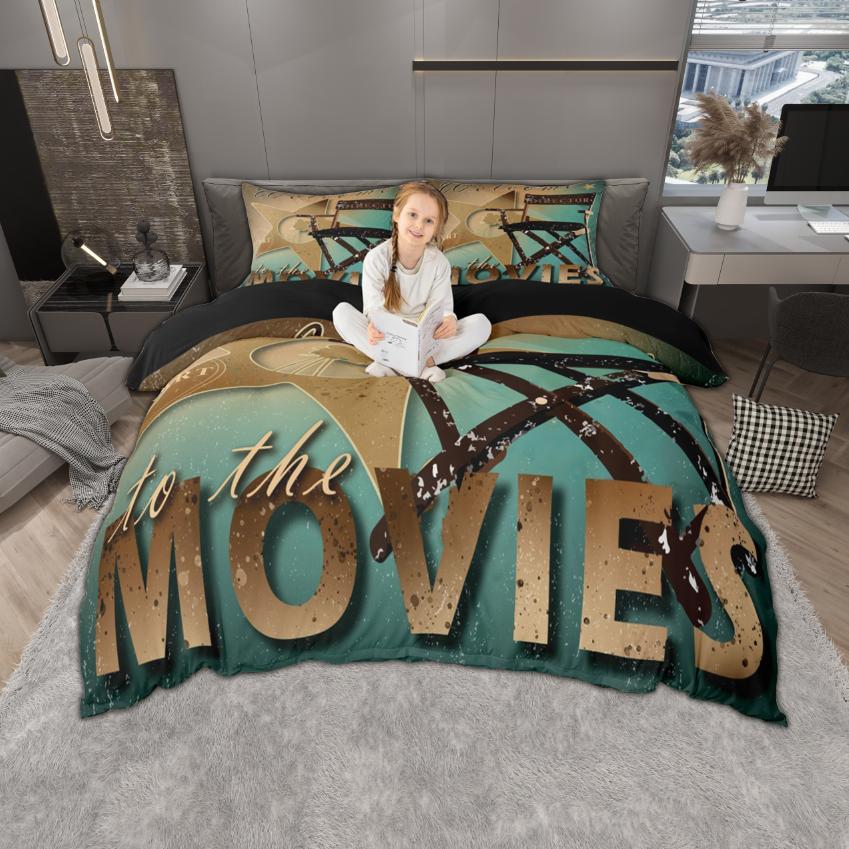 Homewish Vintage Movie Theatre Duvet Cover Set 2Pcs/3Pcs Retro Cinema Popcorn Bedding Film Theme Quilt Cover Set