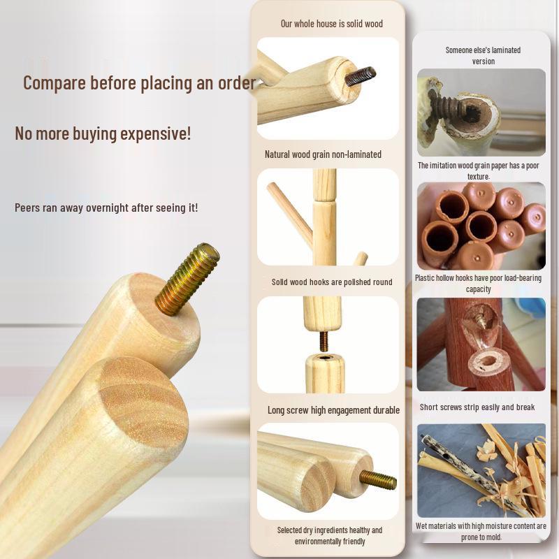 Solid Wood Floor-Standing Coat Rack with Movable Hangers for Clothes and Bags