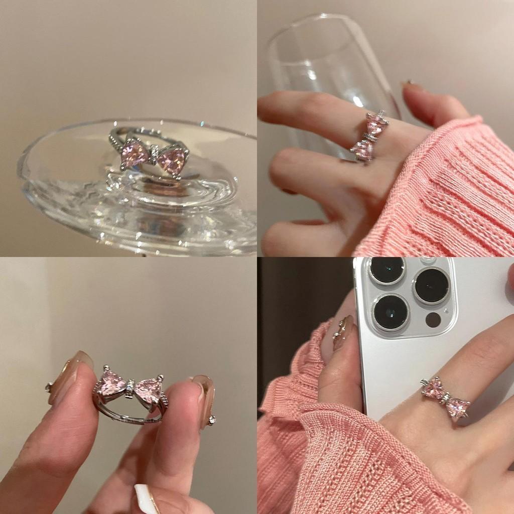 Stylish Bow Pink Knot Adjustable Open Ring For Women With Dazzling Gemstones Zirconia