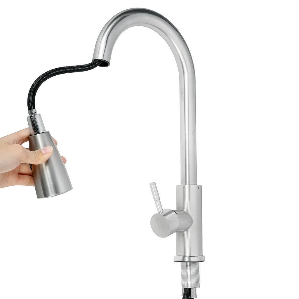Kitchen Pull-Out Faucet Tap Mixer Spout Finish Brushed Swivel Spray Single Hole 360 Degree Brushed  Faucets Water Mixer Tap Silvery New