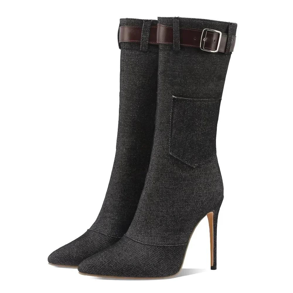 Zimowe Damskie Kozaki do Połowy Łydki Czarne Niebieskie Denim Wysokie Cienkie Obcasy Punk Sukienka Biuro Panie Szpiczasty Nosek Klamra Pasek Zamek Błyskawiczny Półbuty