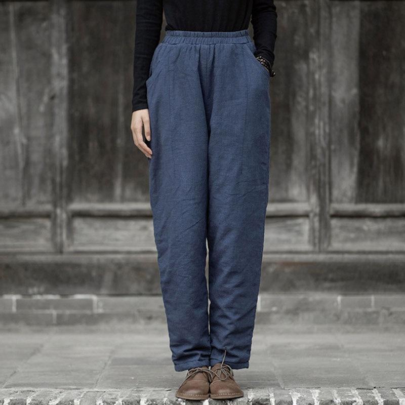 Johnature Women Cotton Linen Casual Pants Solid Color Elastic Waist Quilted Warm Trousers Winter Vintage Thick Pants