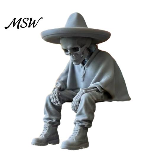 Spooky Aesthetic Office Ornaments 3D Printed Sitting Skeleton Shelf Sitter Figurine, Gothic Hat Desktop Figurines Ornament, Trendy Home Table