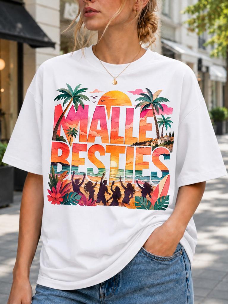 Malle Besties Beach Tee With Sunset Palm Trees Dancing Friends Silhouettes Surfboard And Tropical Unisex All TShirt
