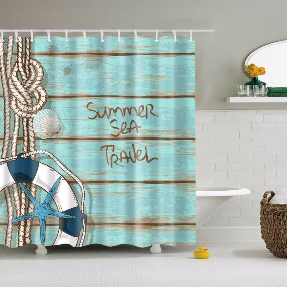 Küstenlandschaft Strand Muscheln Duschvorhänge Seestern Schneckenhaus Blaues Brett Palmen Sonnenuntergang Naturlandschaft Badezimmervorhang Dekor