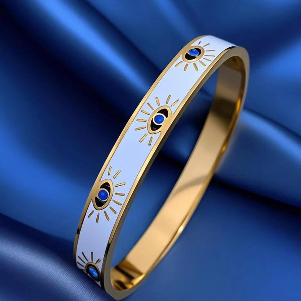 Trendy 316L Stainless Steel Evil Eye Bracelet for Women Charm White Enamel Wrist Waterproof Bangle Multi Epoxy Turquoise Bangle