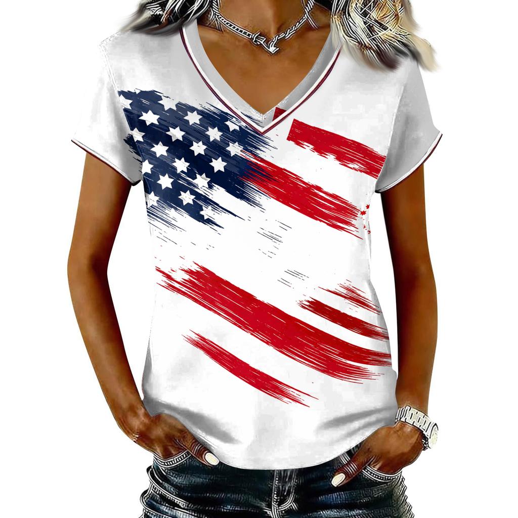 Women V Neck Short Sleeve Pullover T Shirt with Printed Star Pattern Casual Loose Fit Top for Everyday Wear
