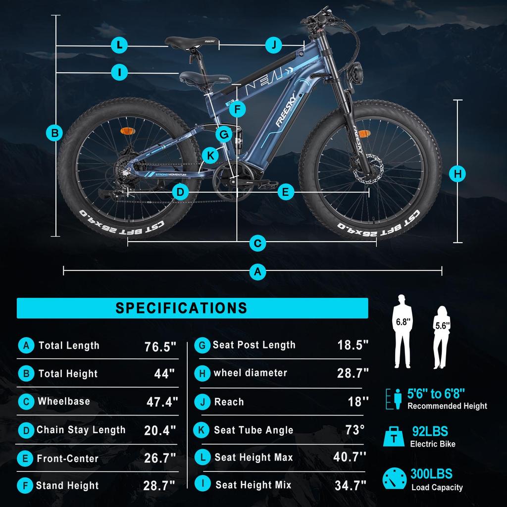 Freesky M520 Electric Bike, Peak 3000W Motor, 41Ah(18+23Ah) Battery, 26*4.0'' Fat Tires, Max 40MPH, Range 150KM, Hydraulic Brake, 7 Speed