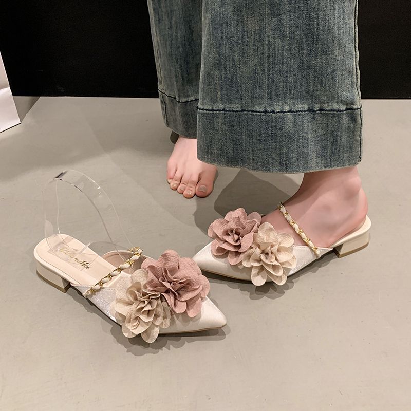 

Женские тапочки с острым носком и цветами и женские сандалии на среднем каблуке, мюли нового стиля, элегантные, модные, 2025, роскошные шлепанцы 35