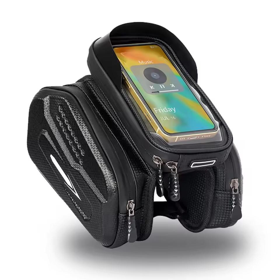 Rainproof Hard Shell Bike Top Tube Bag, Large Capacity Touch Screen Phone Holder Bag with Headphone Jack Cycling Accessory