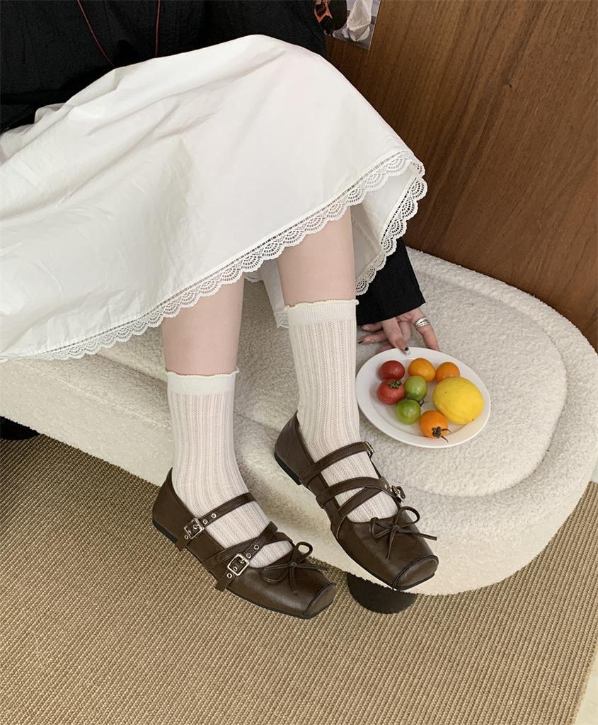 ~ Beautiful cross-buckle ballet shoes women's French bow Mary Jane shoes matte light mouth square head single shoes