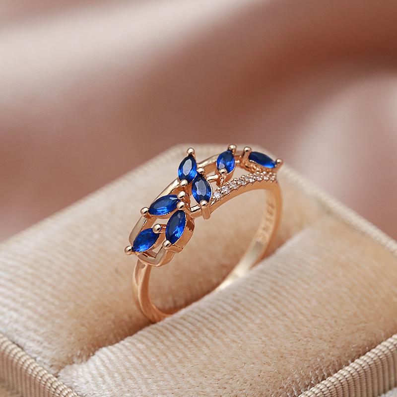New Blue Natural Zircon Ring For Women Trendy  Rose Gold Leaf Ring Romantic Vintage Wedding Jewelry Fashion