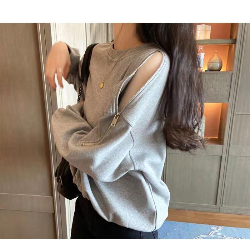 Women S Oversize Thin Autumn Long Sleeve Zip Off Shoulder Hoodie Loose Fit Solid Top