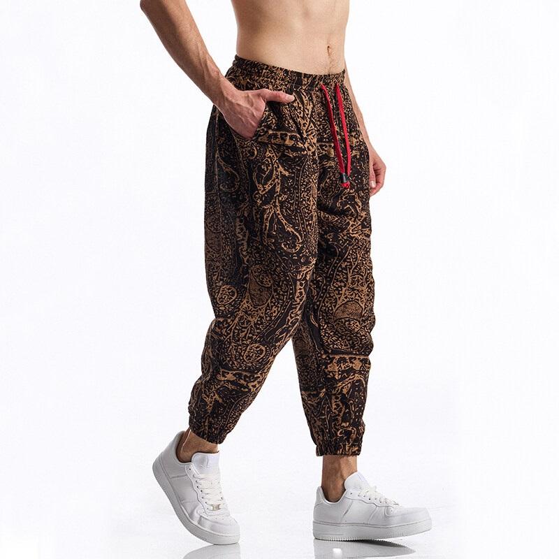 Erkek Günlük İpli Boho Etnik Baskılı Pantolon Açık Hava Aktiviteleri Eşofman Yaz Pamuk Keten Koşu Jogger Eşofman Altı