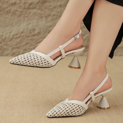 Neuer Stil Damen Frühling/Sommer Quadratköpfiges Echtes Leder Rindsleder Hohl Atmungsaktiv Hoher Absatz Großköpfige Mulesandalen
