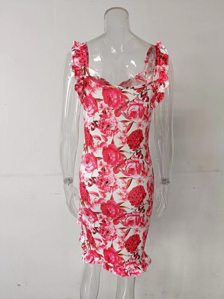 Summer 2026 Floral Print Ruffle Sleeveless V-neck Dress