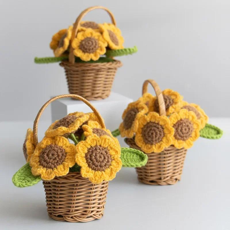 Crochet  Flower Cute Finished Woven Sunflowers Potted Hand-knitted Sunflowers Table Home Decor Wedding Ornament Friends Gift