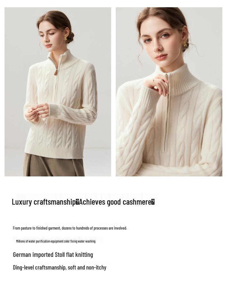Lekasha Women's Cashmere Half-Zip Cable Knit Sweater - Autumn/Winter Collection