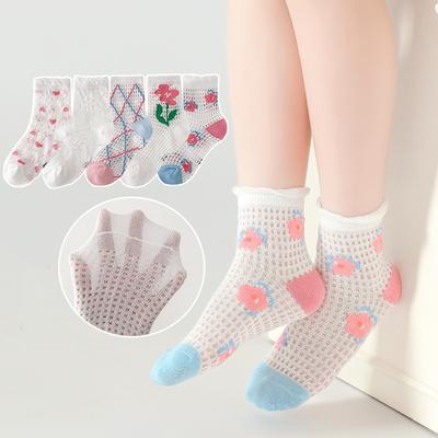 5Pairs Summer Mesh Socks for Girl Flower Stockongs Hollow Breathable Mid Tube Sock Floral Princess Children Cotton Socks 0-8Year