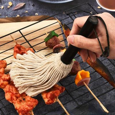 2 Pcs BBQ Grill Mop Changeable Head Wood Handle BBQ Baking Dip Brush Large Meat Seasoning Brush