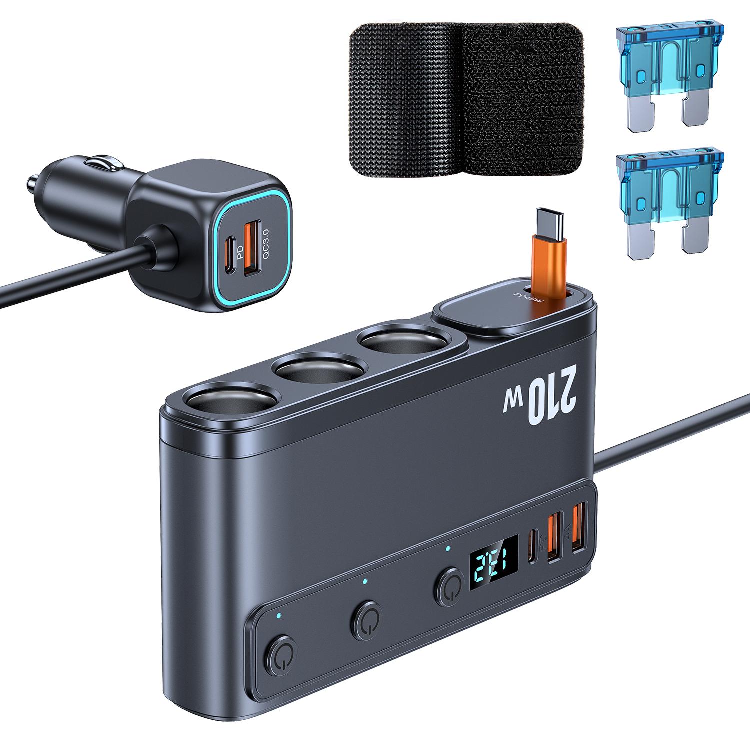 

9 in 1 Cigarette Lighter Splitter 228W USB C Car Charger Adapter QC3.0 With PD45W Telescopic Cable LED Voltage Display 12V/24V