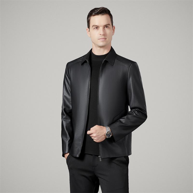 Autumn and Winter New Men's Leather Jacket Mid-sized Dad Wear Business Casual Simple Lapel Short Leather Jacket