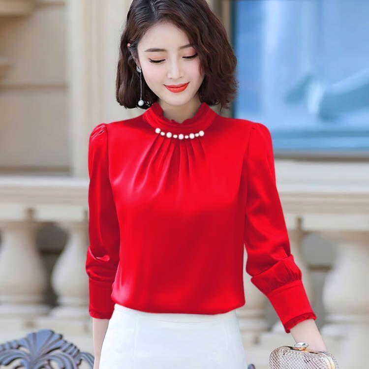 Women's Satin Long Sleeve Shirt Slim Top Workwear Loose Plus Size office Shirt