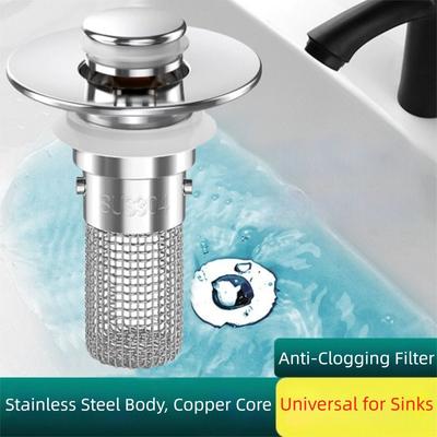Stainless Steel Bathroom Sink Drain Strainer Removable Basket Odor Proof Pop-Up Filter Bouncing Core Universal Fit Sink Strainer