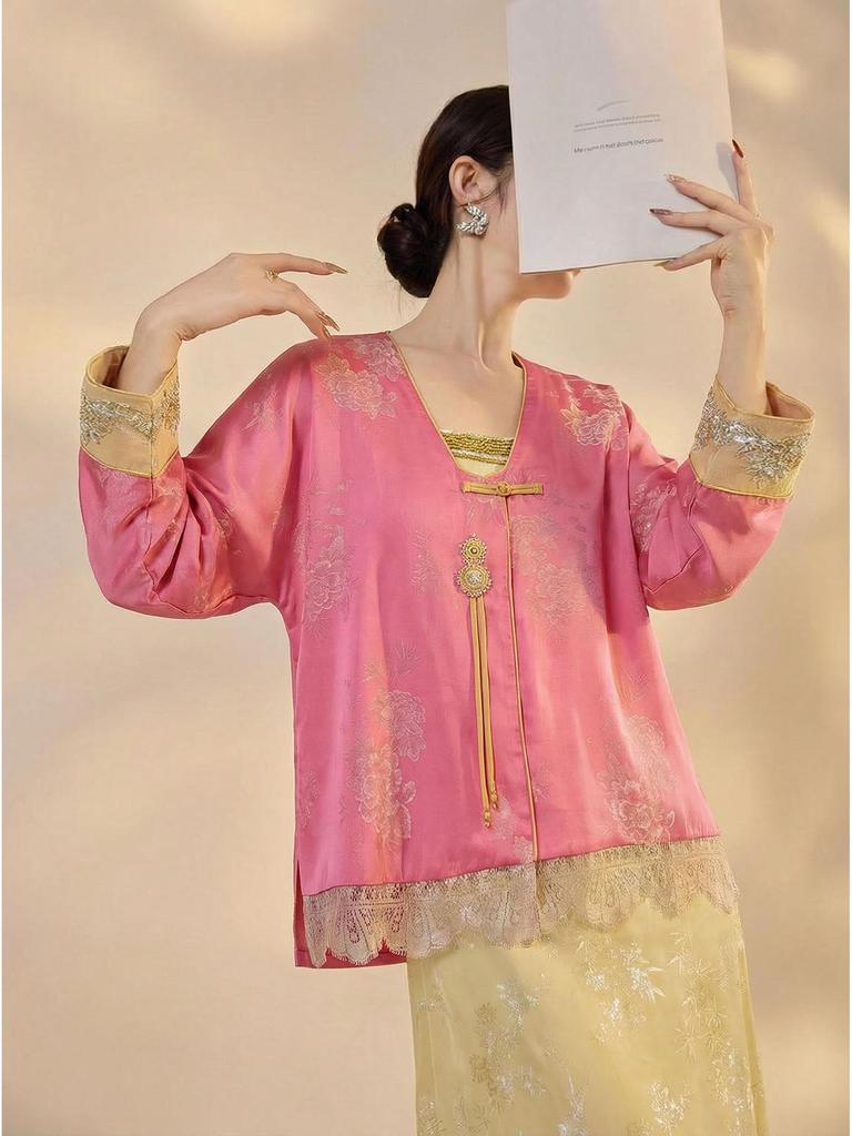 Elegant Chinese National Style Women's Spring Embroidered Top and Skirt Set