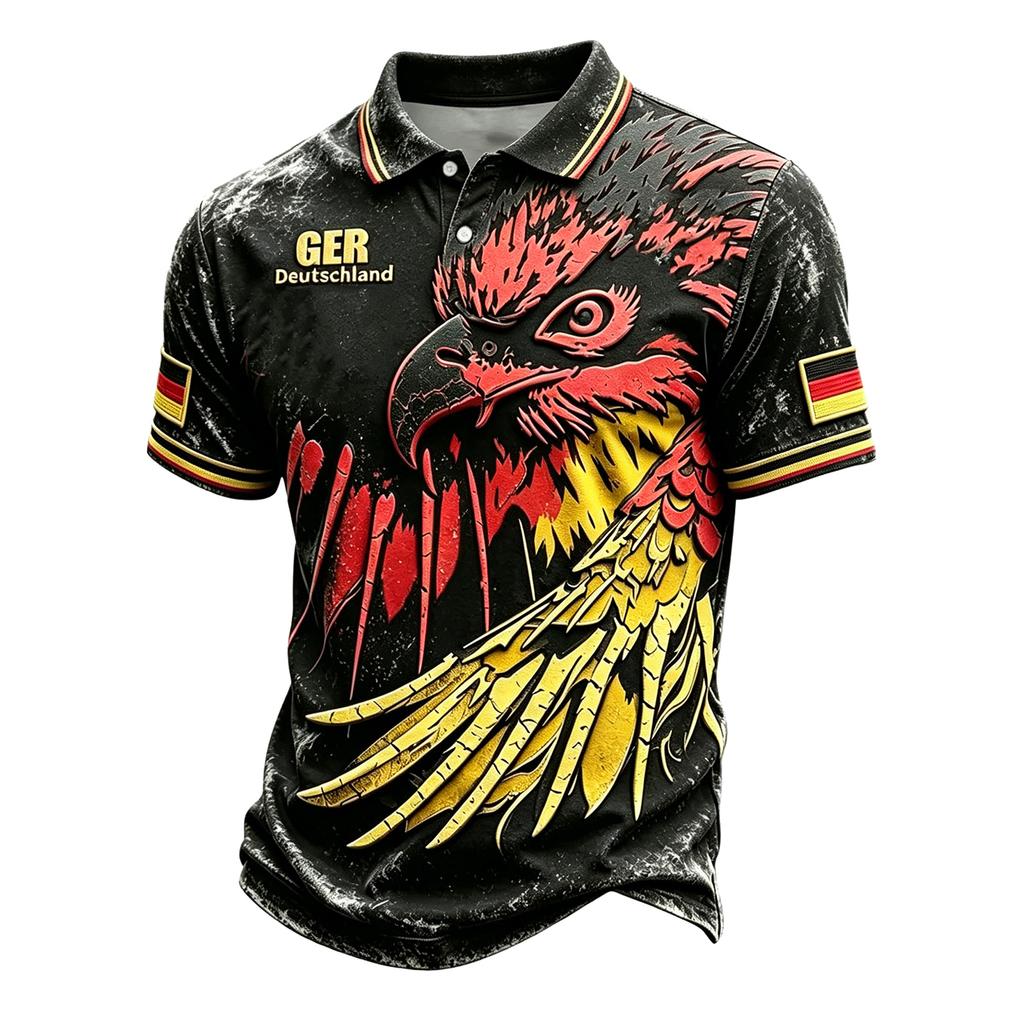 Men's Casual Polo Shirt Short Sleeve Collared Top with Graphic Print and Button Closure Suitable for Everyday Wear and Outdoor Activities